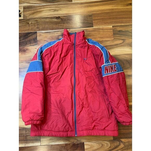 Vintage Nike Youth Reversible Puffer Jacket Red Gray Hooded Swoosh Logo Size L - Picture 1 of 9